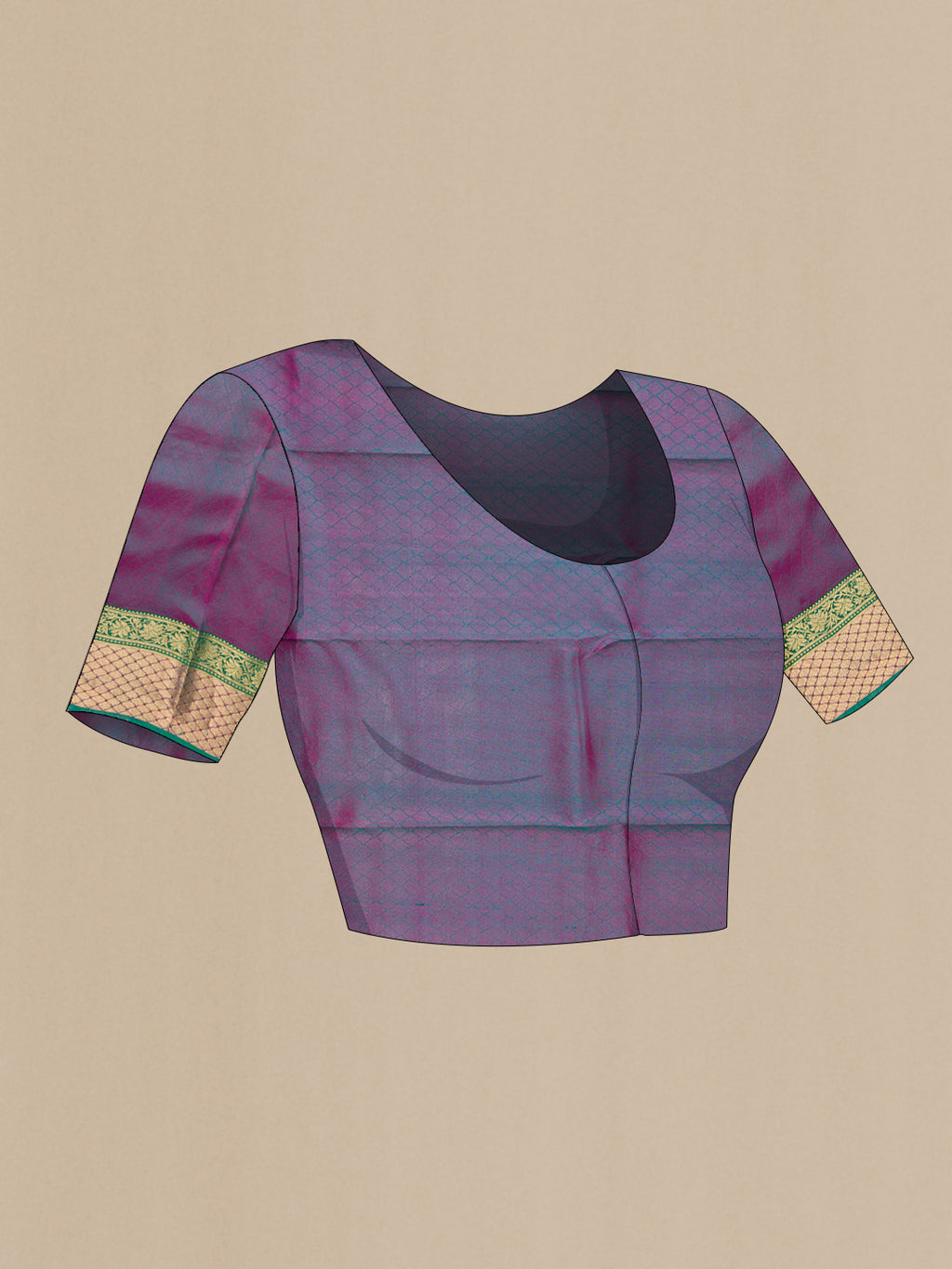 Close up image of the blouse of Green Kanchipuram Silk Saree with Jacquard With Zari Butta on the body and Zari Border. 