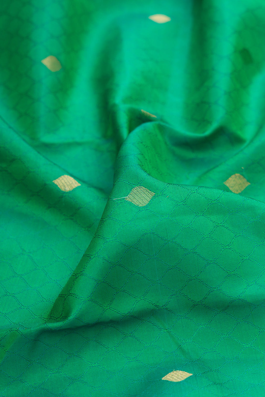 Close up of Green Kanchipuram Silk Saree with Jacquard With Zari Butta on the body and Zari Border.  displaying folds