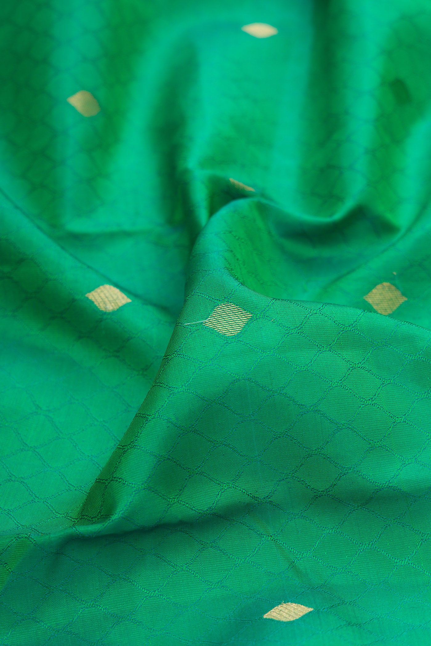 Close up of Green Kanchipuram Silk Saree with Jacquard With Zari Butta on the body and Zari Border.  displaying folds