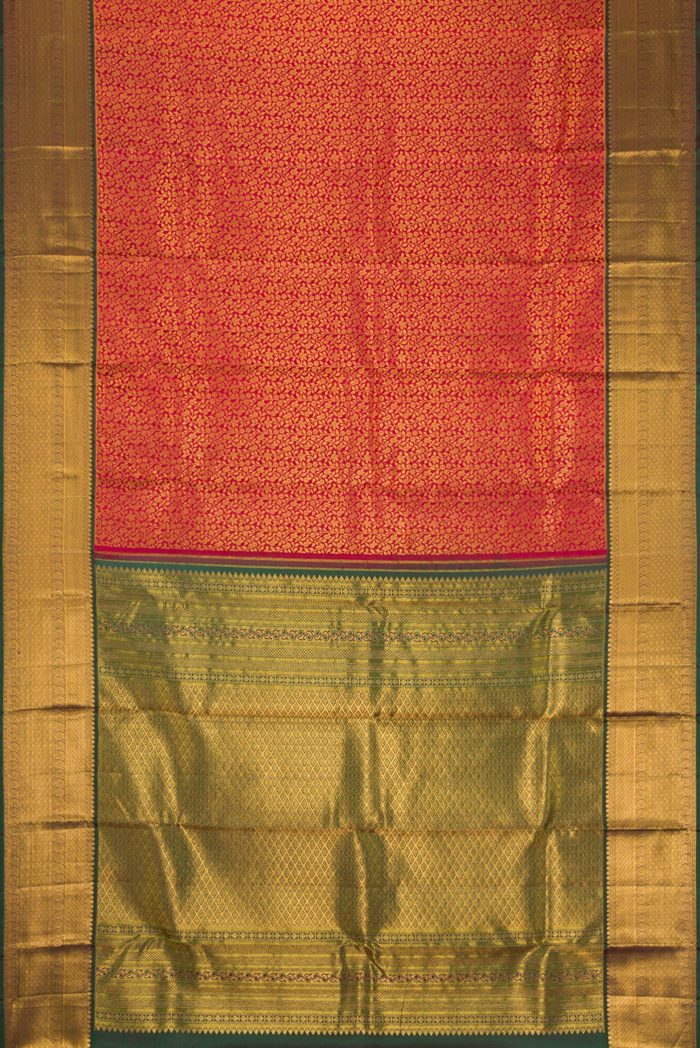 Flat view of Maroon Dual Tone Kanchipuram Silk Saree with Zari Brocade on the body and Zari Border. 