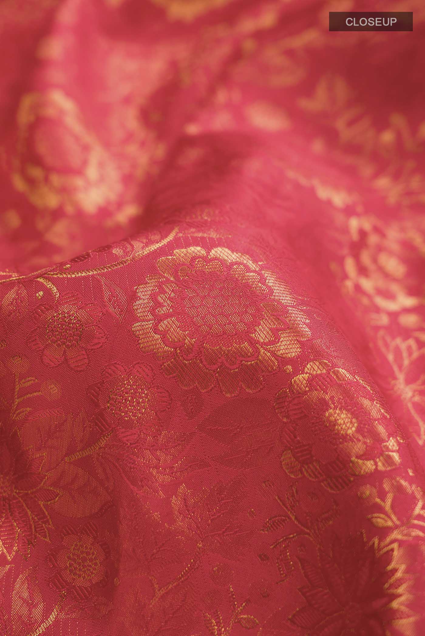 Close up of Red Kanchipuram Silk Saree with Zari Brocade on the body and Zari Border displaying folds
