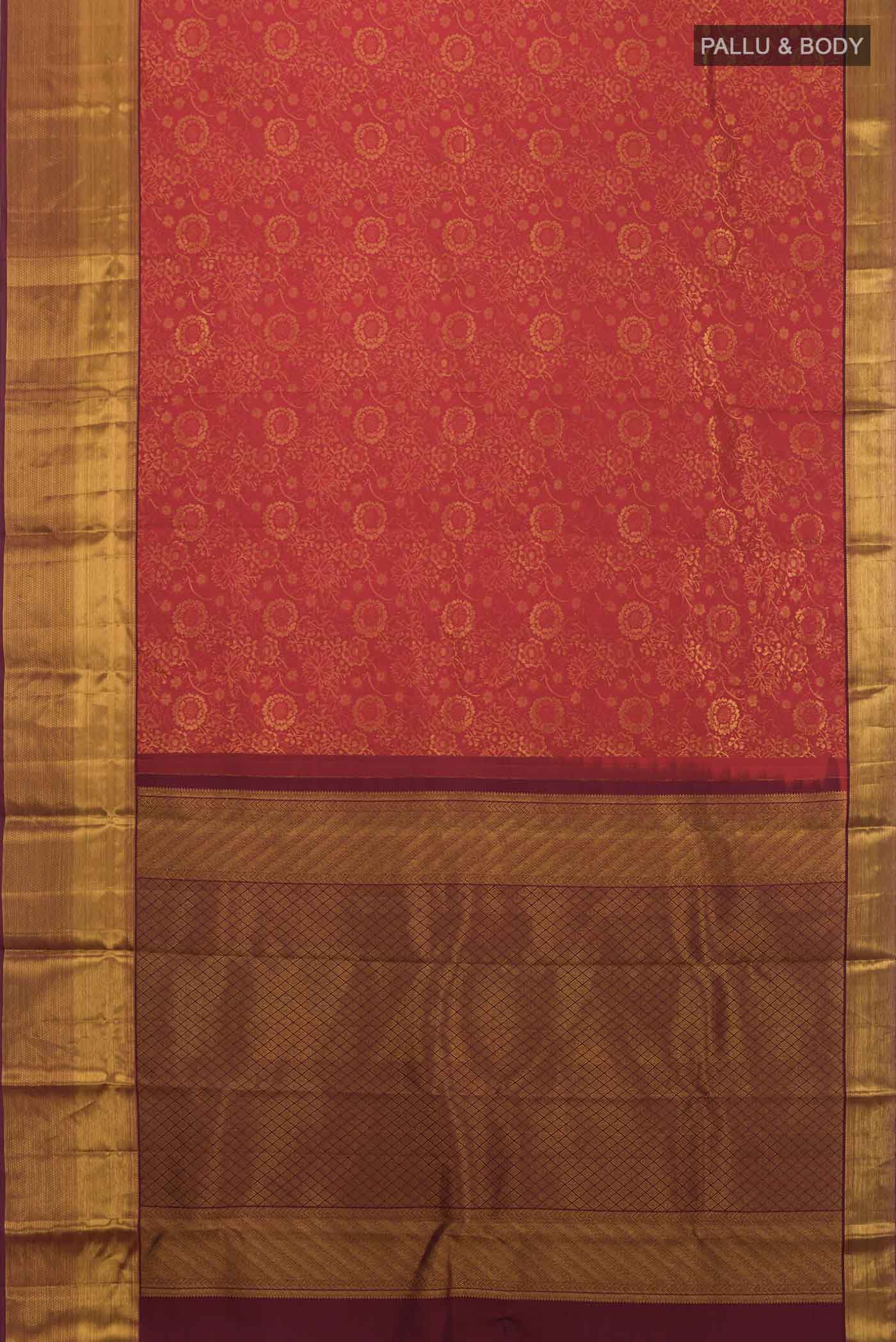 Flat view of Red Kanchipuram Silk Saree with Zari Brocade on the body and Zari Border