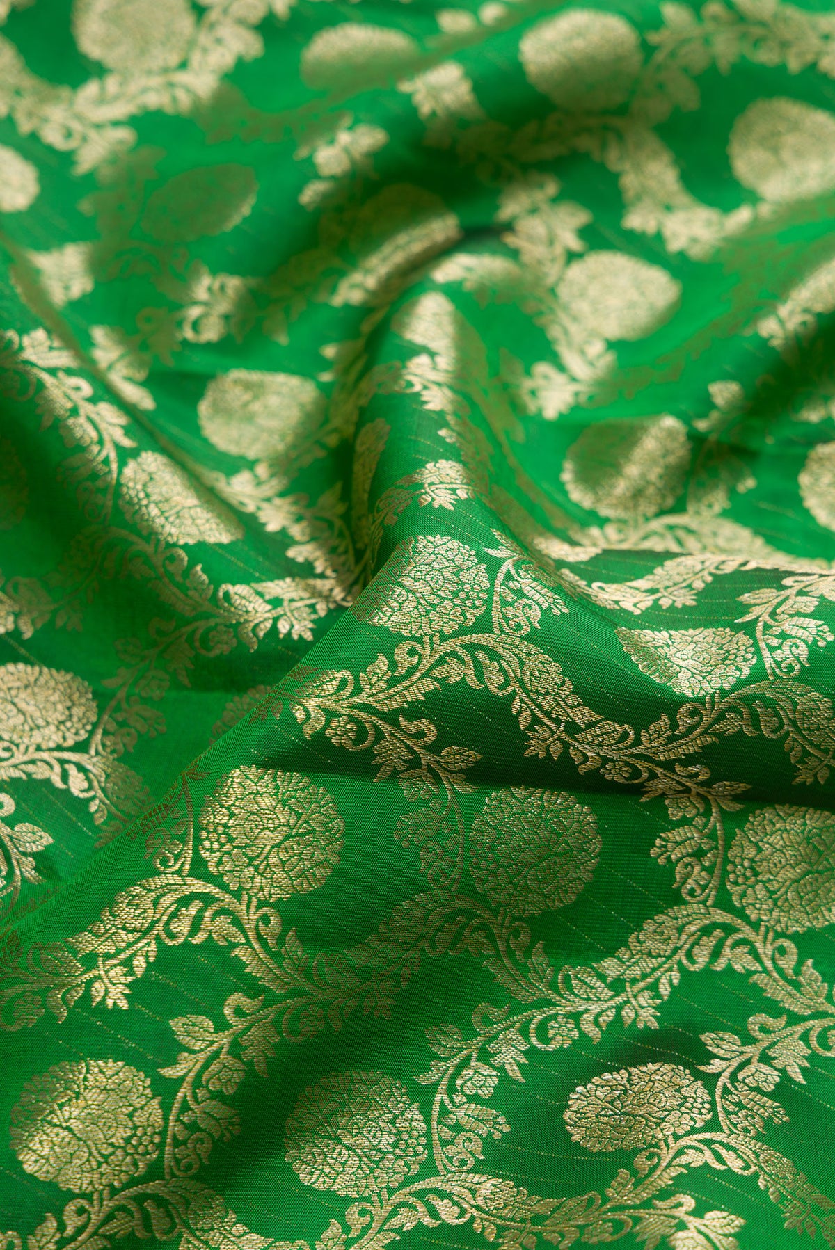 Close up of Green Dual Tone Kanchipuram Silk Saree with Zari Brocade on the body and Zari Border.  displaying folds