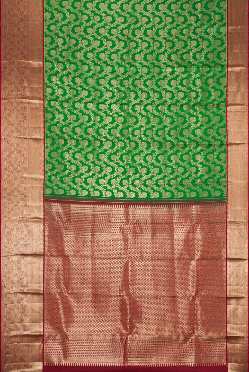 Flat view of Green Dual Tone Kanchipuram Silk Saree with Zari Brocade on the body and Zari Border. 