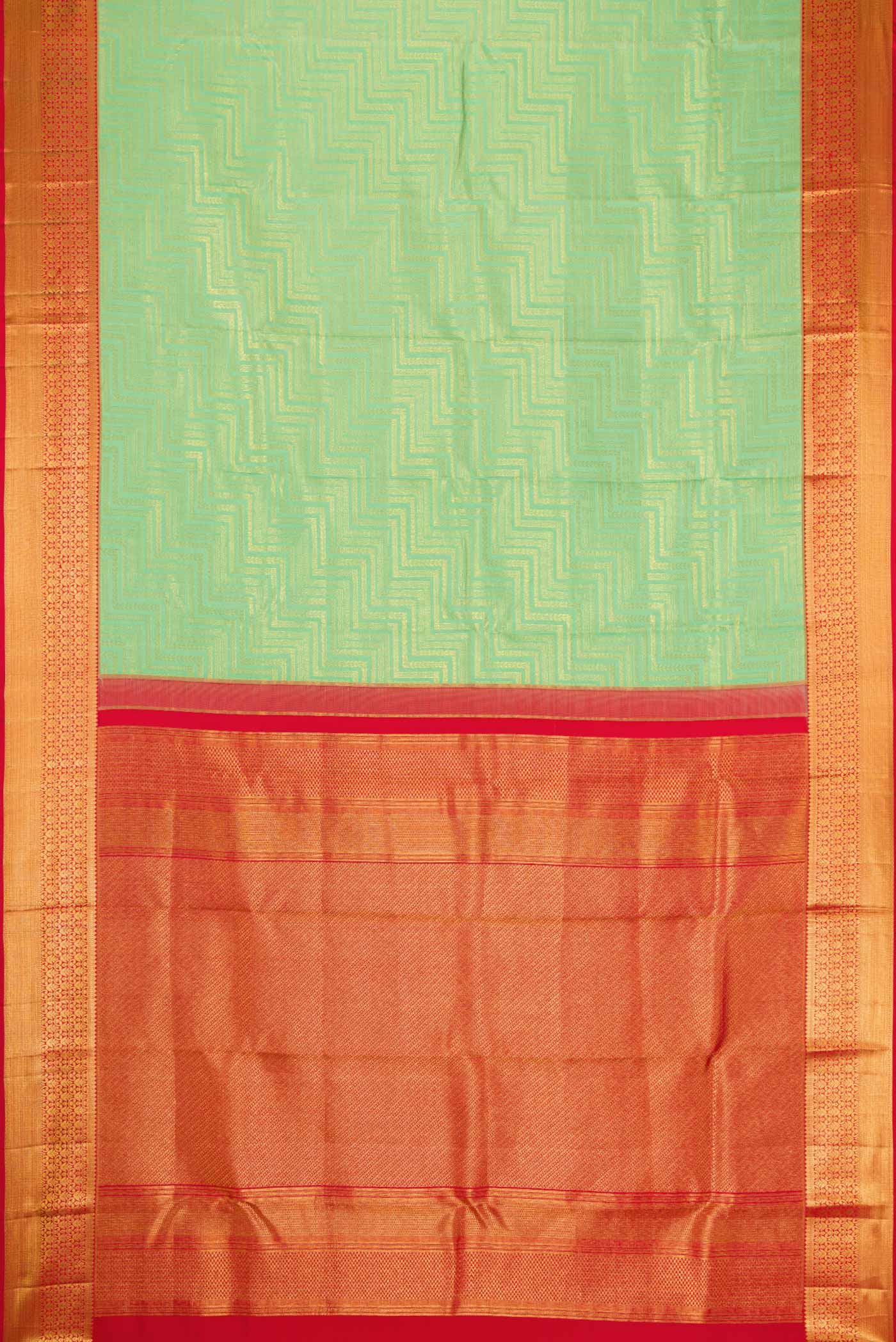 Flat view of Pista Green Dual Tone Kanchipuram Silk Saree with Zari Brocade on the body and Zari Border. 