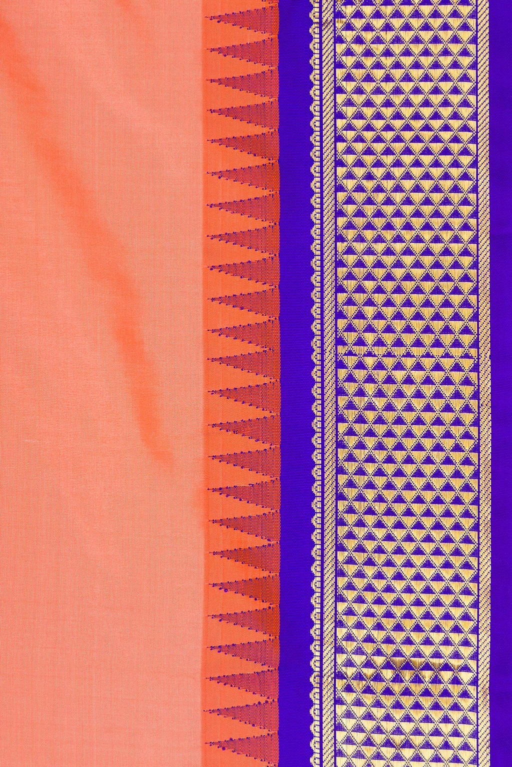 Border image of Peach Dual Tone Kanchipuram Silk Nine Yards Saree with Stripes on the body and Zari Border. 