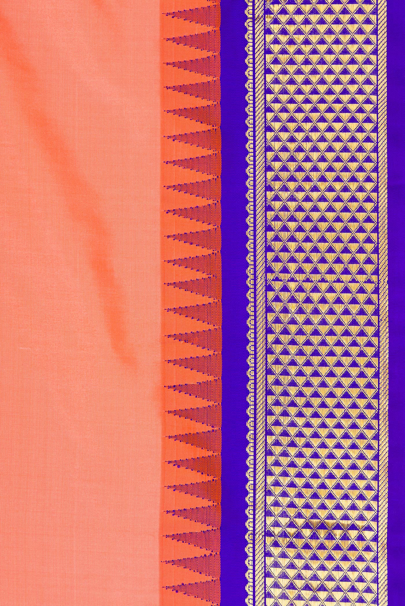Border image of Peach Dual Tone Kanchipuram Silk Nine Yards Saree with Stripes on the body and Zari Border. 