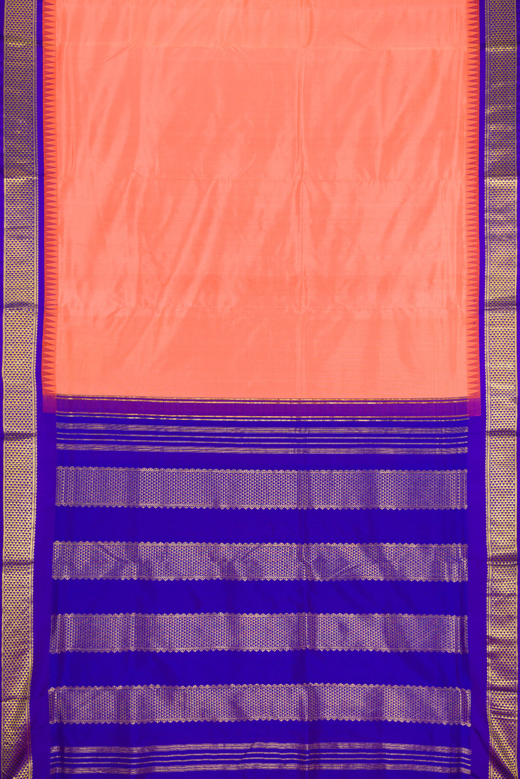 Flat view of Peach Dual Tone Kanchipuram Silk Nine Yards Saree with Stripes on the body and Zari Border. 