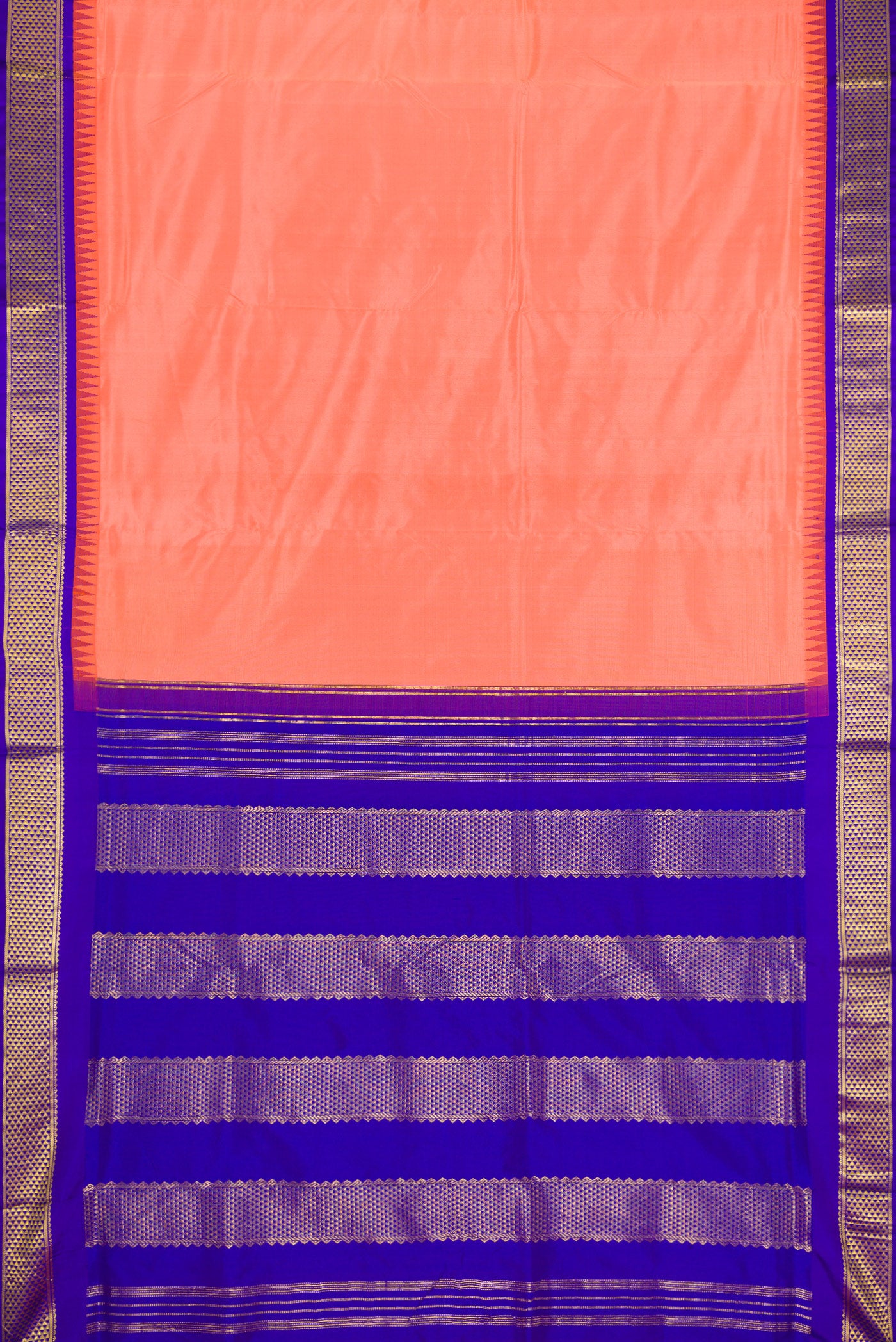 Flat view of Peach Dual Tone Kanchipuram Silk Nine Yards Saree with Stripes on the body and Zari Border. 