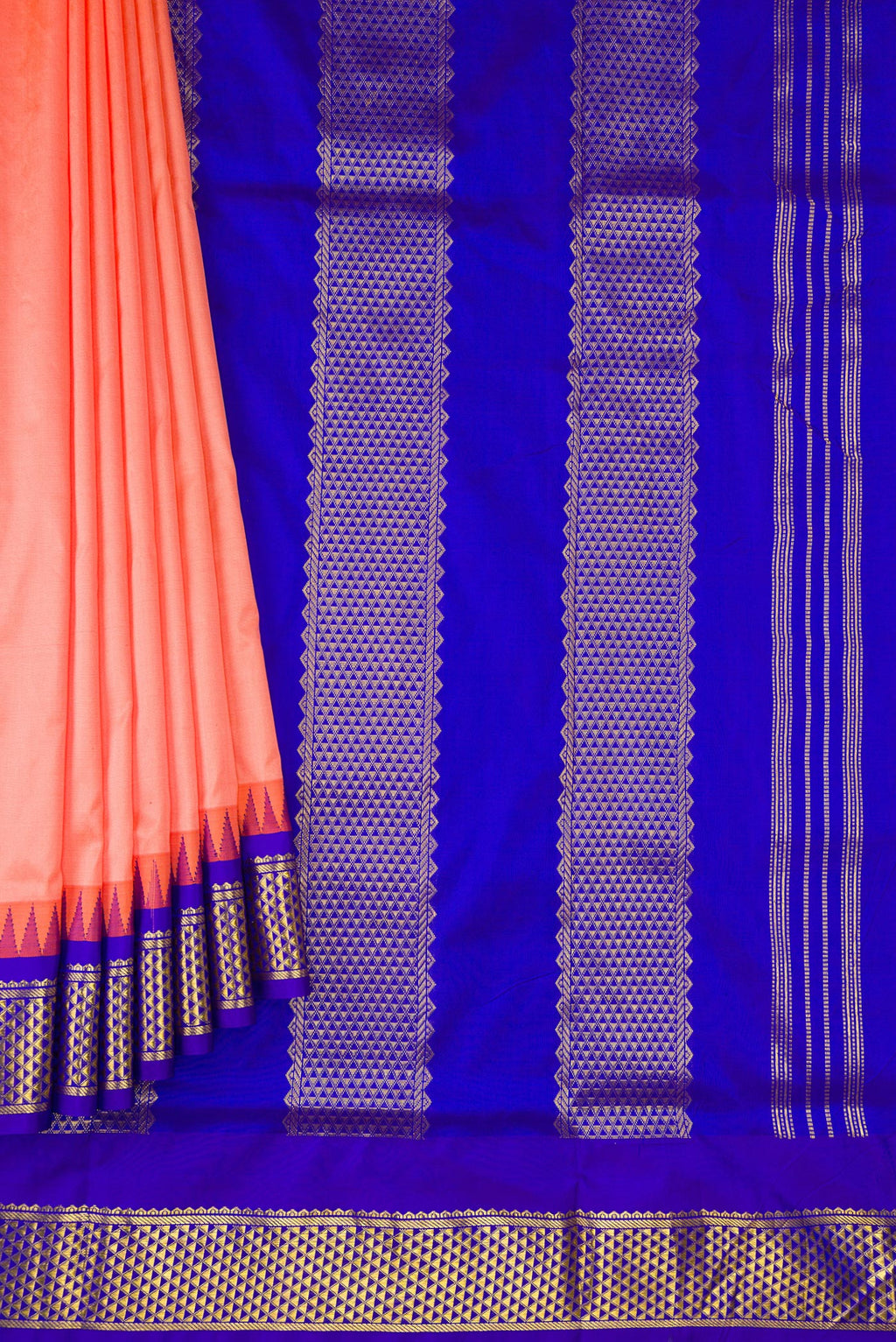 Pleats and pallu of Peach Dual Tone Kanchipuram Silk Nine Yards Saree with Stripes on the body and Zari Border. 