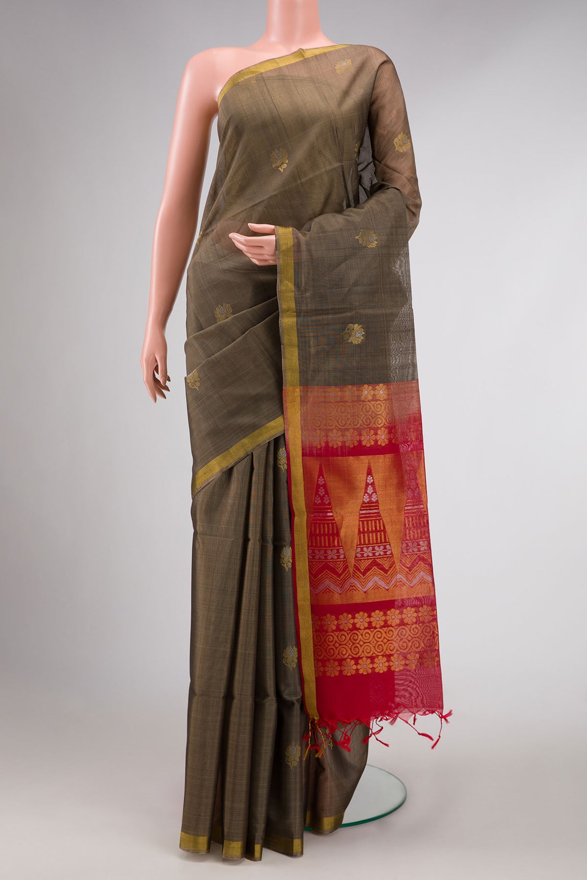 Grey Dual Tone Silk Cotton Saree with Zari Butta on the body and Zari Border displayed on a mannequin