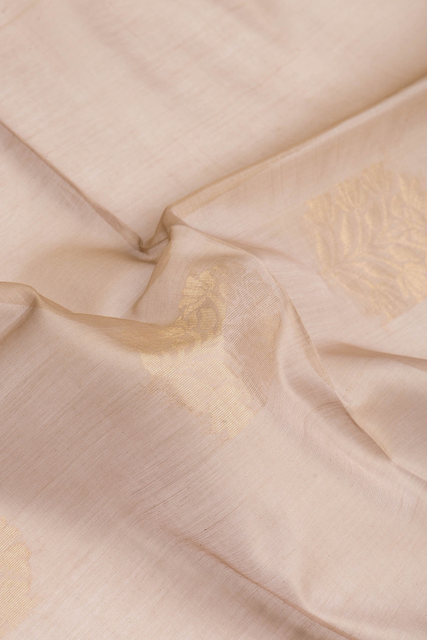 Close up of Dark Beige Silk Cotton Saree with Zari Butta on the body and Zari Border.  displaying folds