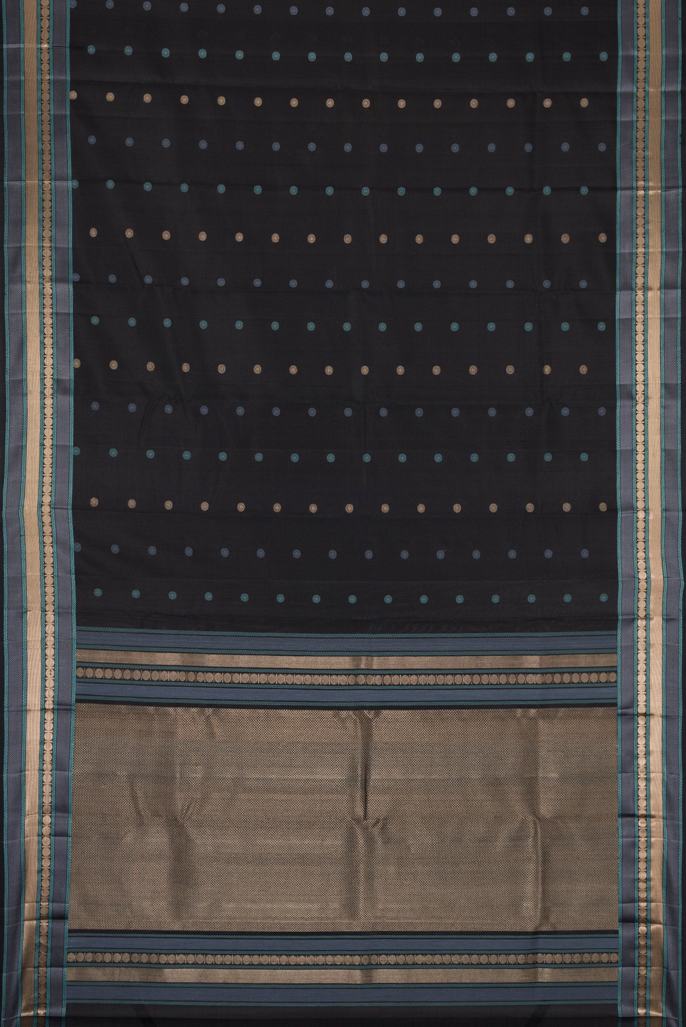 Flat view of Black Dual Tone Kanchipuram Silk Saree with Zari And Thread Butta on the body and Zari And Thread Border. 