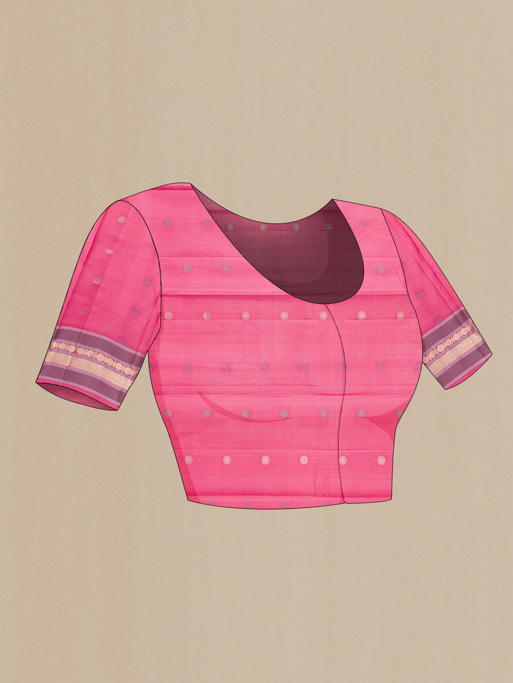 Close up image of the blouse of Pink Dual Tone Kanchipuram Silk Saree with Zari And Thread Butta on the body and Zari Border. 