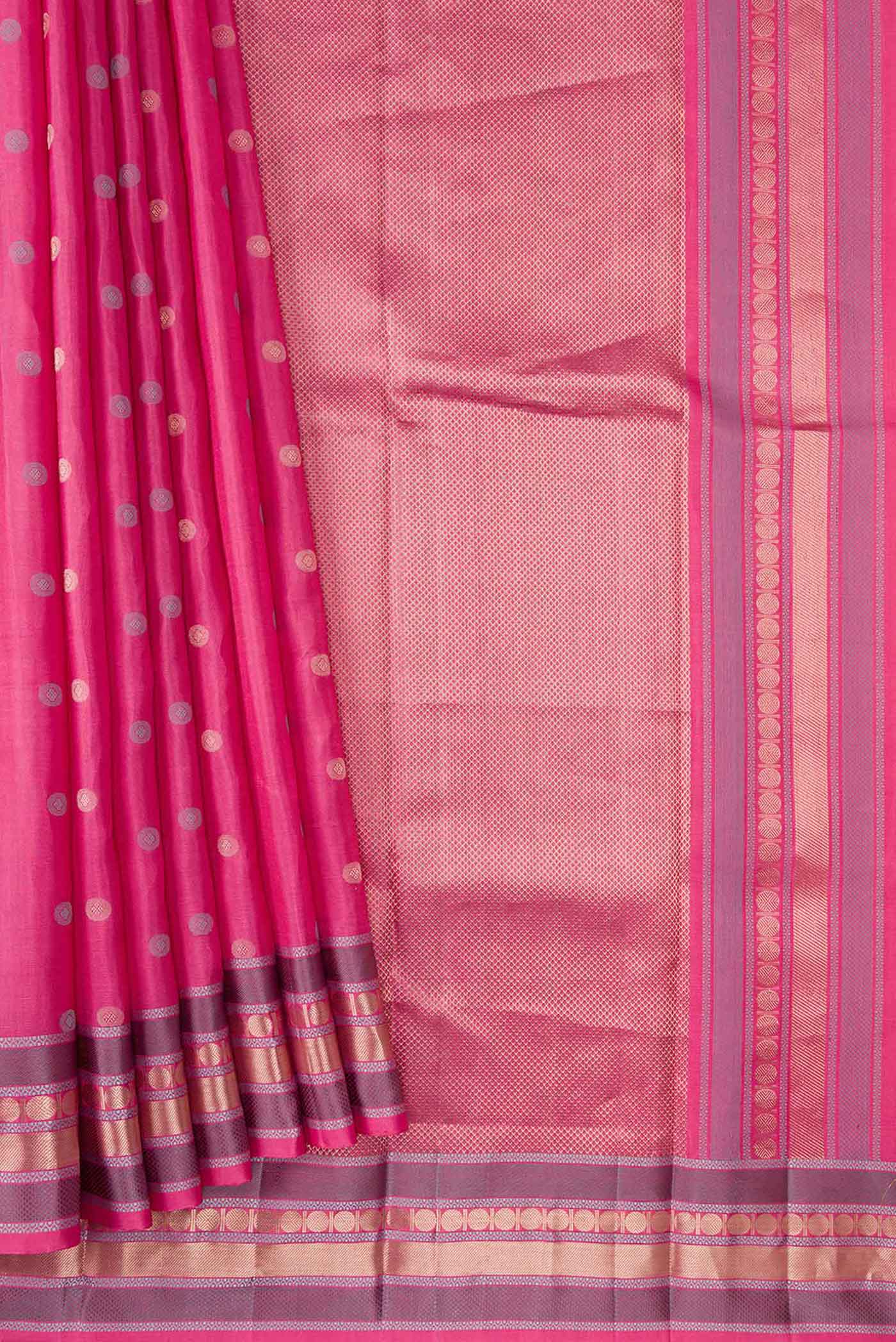 Pleats and pallu of Pink Dual Tone Kanchipuram Silk Saree with Zari And Thread Butta on the body and Zari Border. 