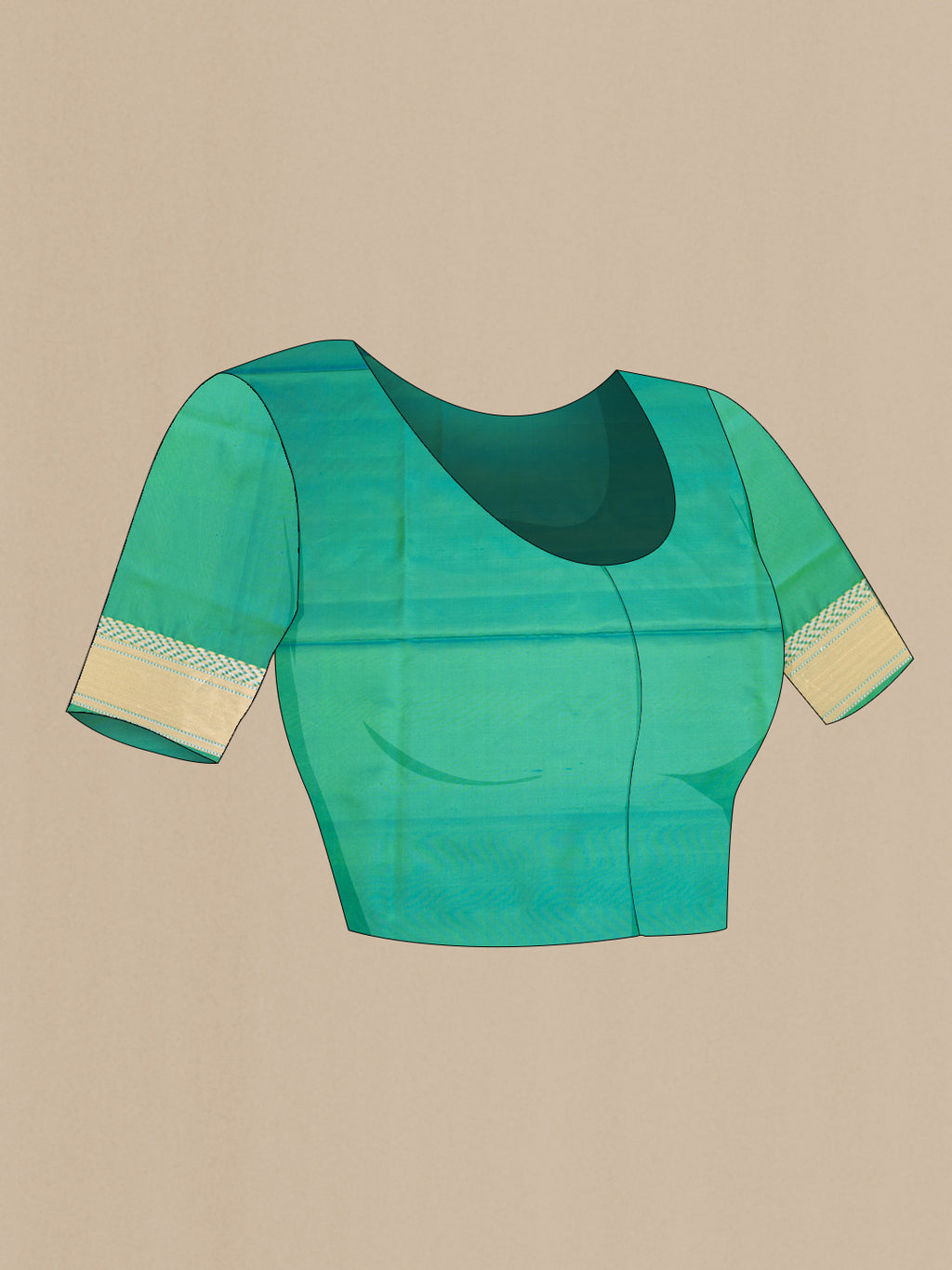 Close up image of the blouse of Pure Silk Sea Green Dual Tone Soft Saree with Zari Butta on the body and Zari Border. 