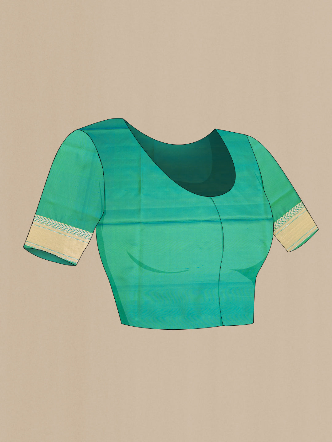 Close up image of the blouse of Pure Silk Sea Green Dual Tone Soft Saree with Zari Butta on the body and Zari Border. 