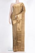 Pure Silk Brown Soft Saree with Stripes on the body and Zari Border.  displayed on a mannequin