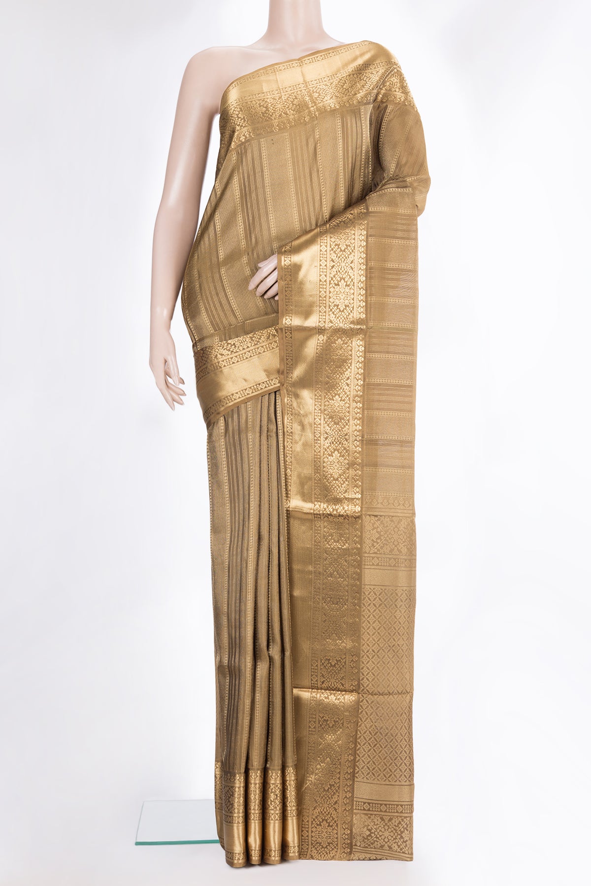 Pure Silk Brown Soft Saree with Stripes on the body and Zari Border.  displayed on a mannequin