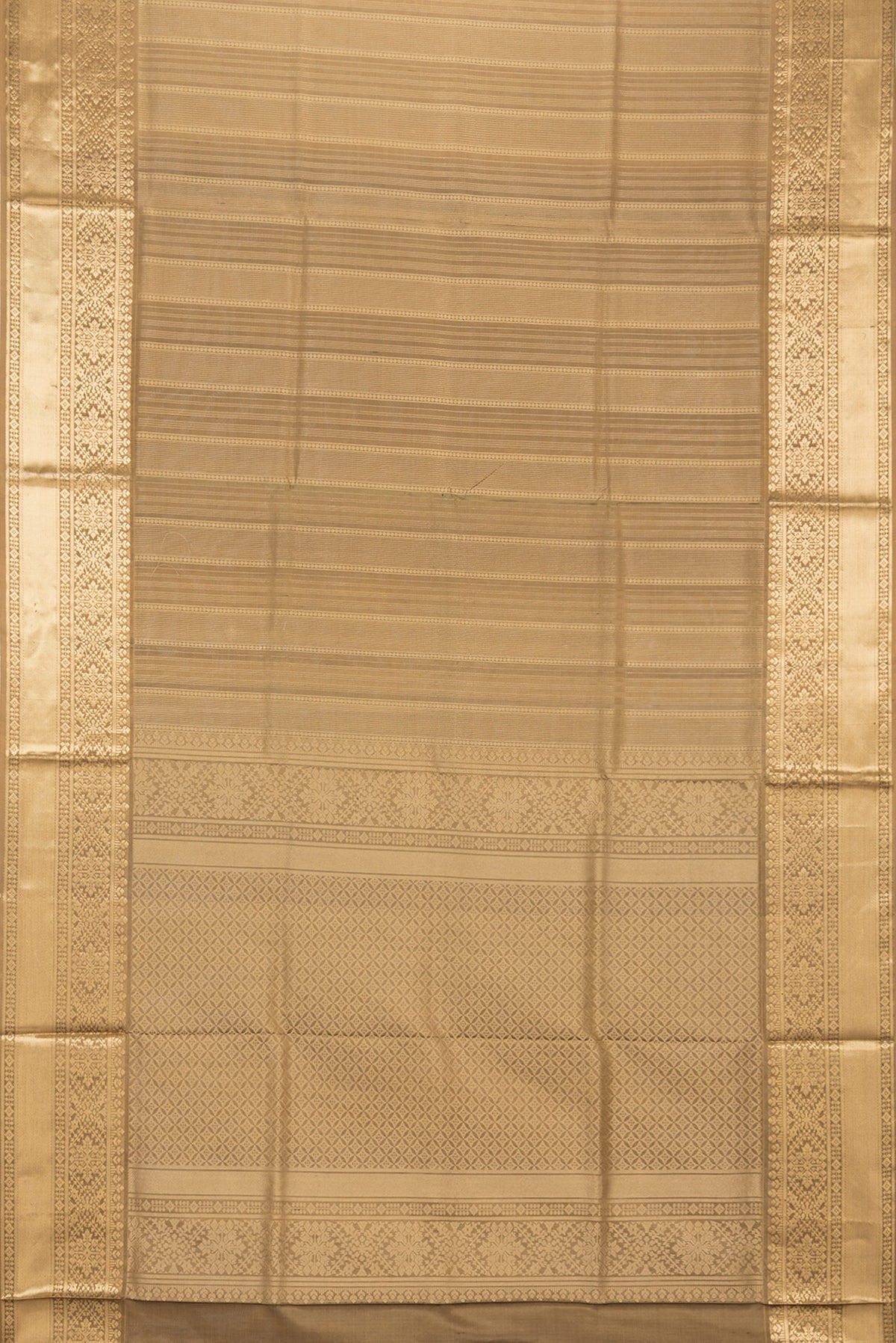 Flat view of Pure Silk Brown Soft Saree with Stripes on the body and Zari Border. 