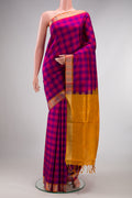 Pure Silk Multi Color Soft Saree with Checked design on the body and Zari Border.  displayed on a mannequin