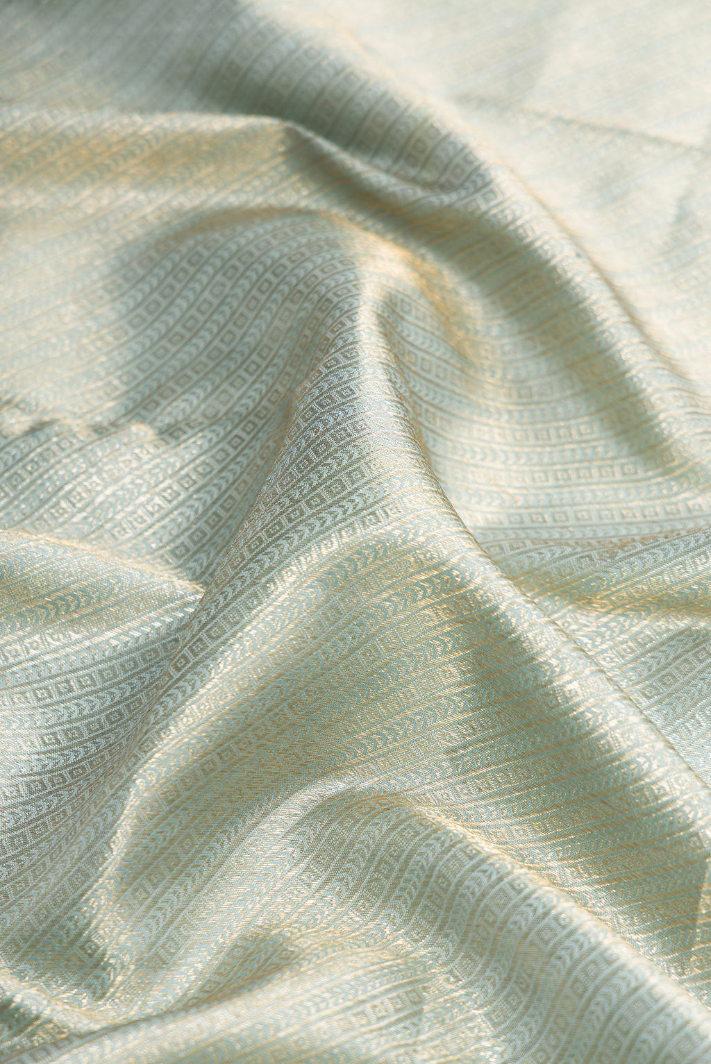 Close up of Grey Dual Tone Kanchipuram Silk Saree with Zari Brocade on the body and Zari Border.  displaying folds