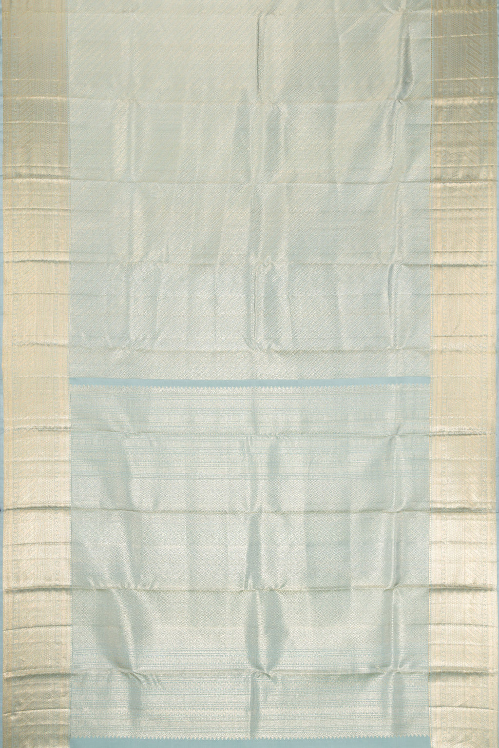 Flat view of Grey Dual Tone Kanchipuram Silk Saree with Zari Brocade on the body and Zari Border. 