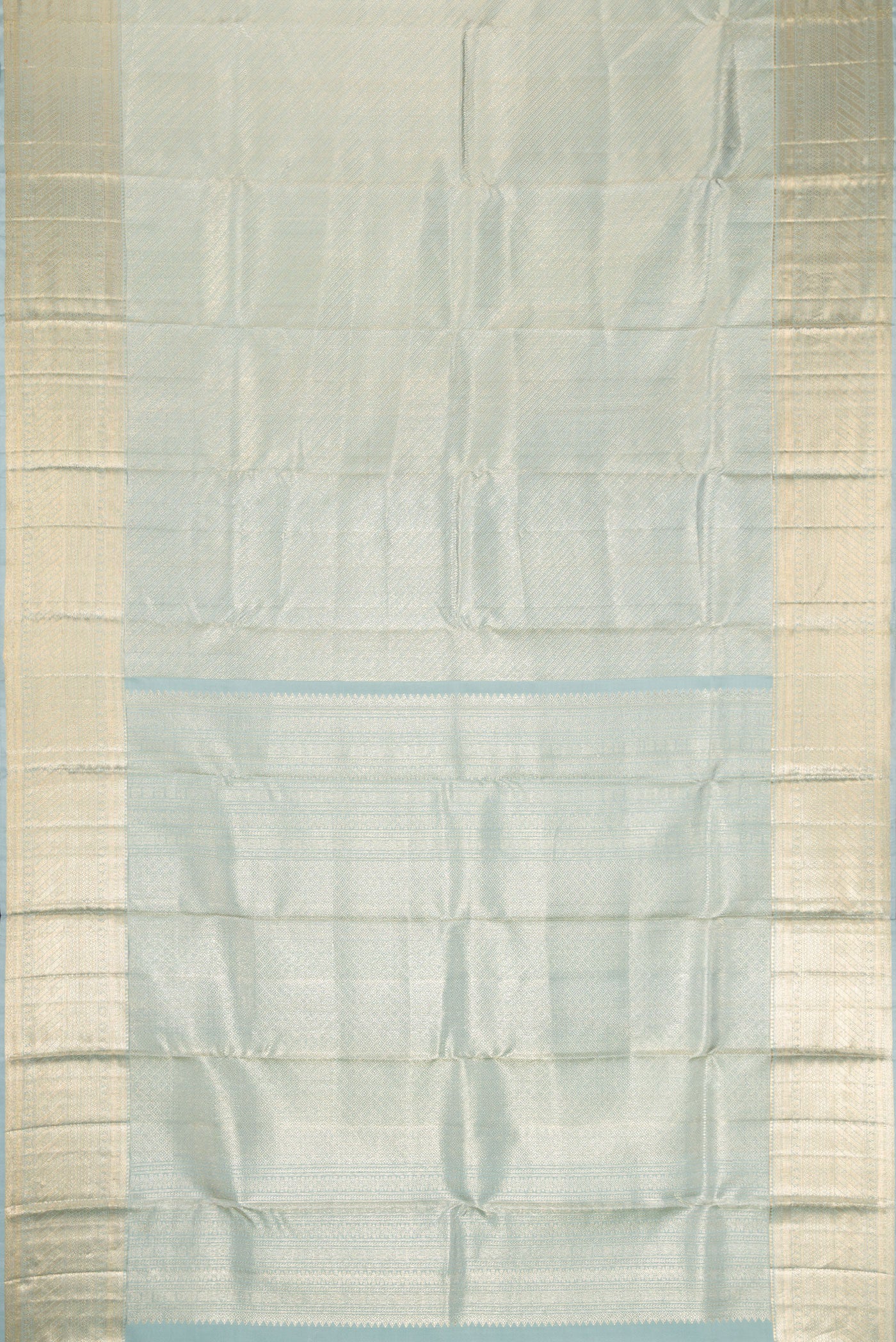 Flat view of Grey Dual Tone Kanchipuram Silk Saree with Zari Brocade on the body and Zari Border. 