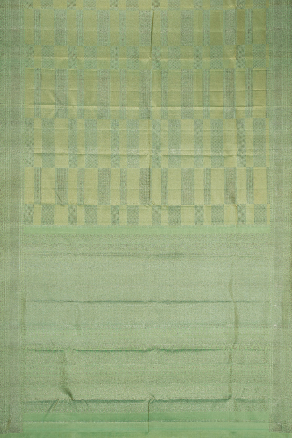 Flat view of Mehandi Green Dual Tone Kanjivaram Silk Saree with Zari Brocade on the body and Zari Border. 
