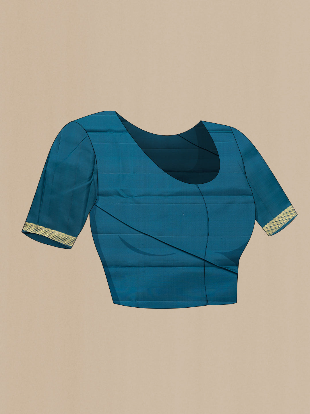 Close up image of the blouse of Peacock Blue Dual Tone Kanchipuram Silk Saree with Stripes on the body and Zari Border. 