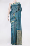 Peacock Blue Dual Tone Kanchipuram Silk Saree with Stripes on the body and Zari Border.  displayed on a mannequin