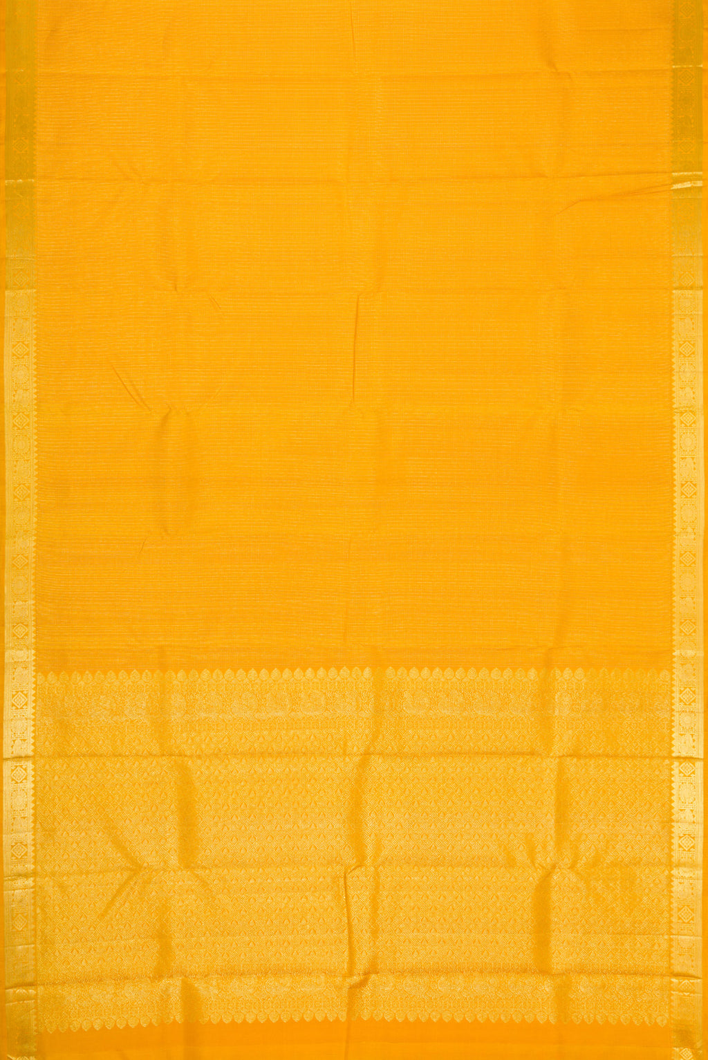 Flat view of Mustard Dual Tone Kanchipuram Silk Saree with Stripes on the body and Zari Border. 