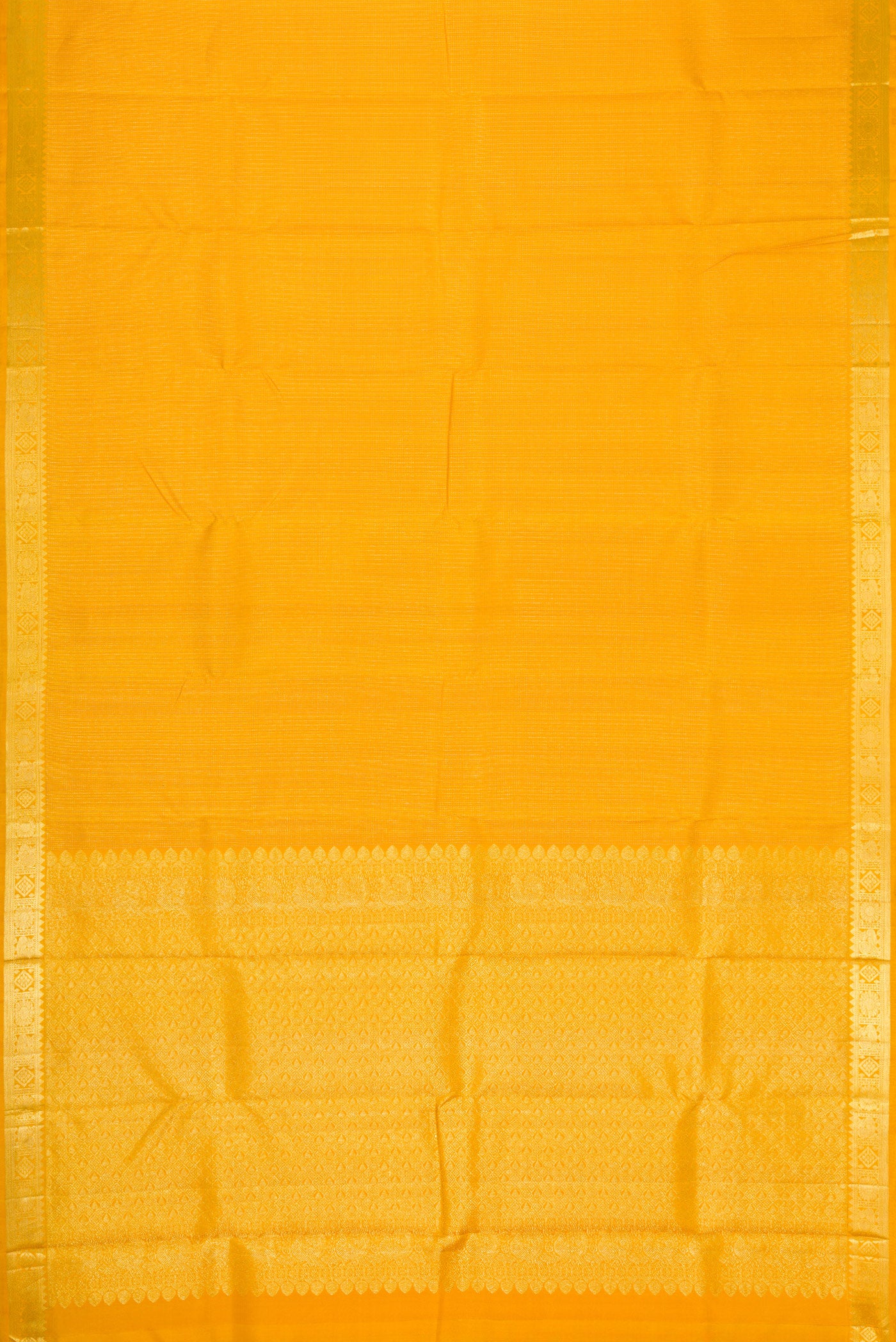 Flat view of Mustard Dual Tone Kanchipuram Silk Saree with Stripes on the body and Zari Border. 