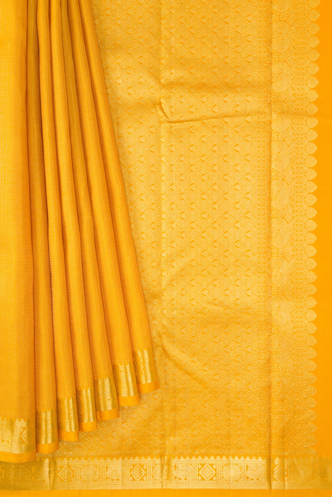 Pleats and pallu of Mustard Dual Tone Kanchipuram Silk Saree with Stripes on the body and Zari Border. 
