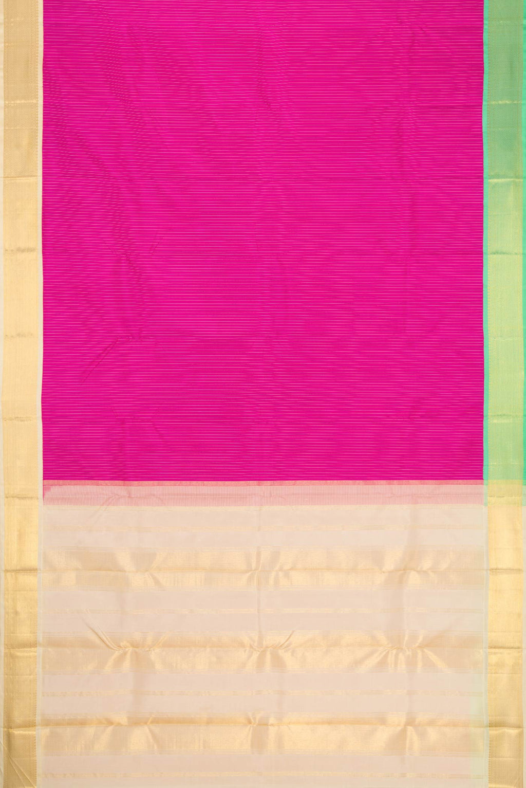Flat view of Pink Dual Tone Kanjivaram Silk Saree with Stripes on the body and Ganga Jamuna Border. 