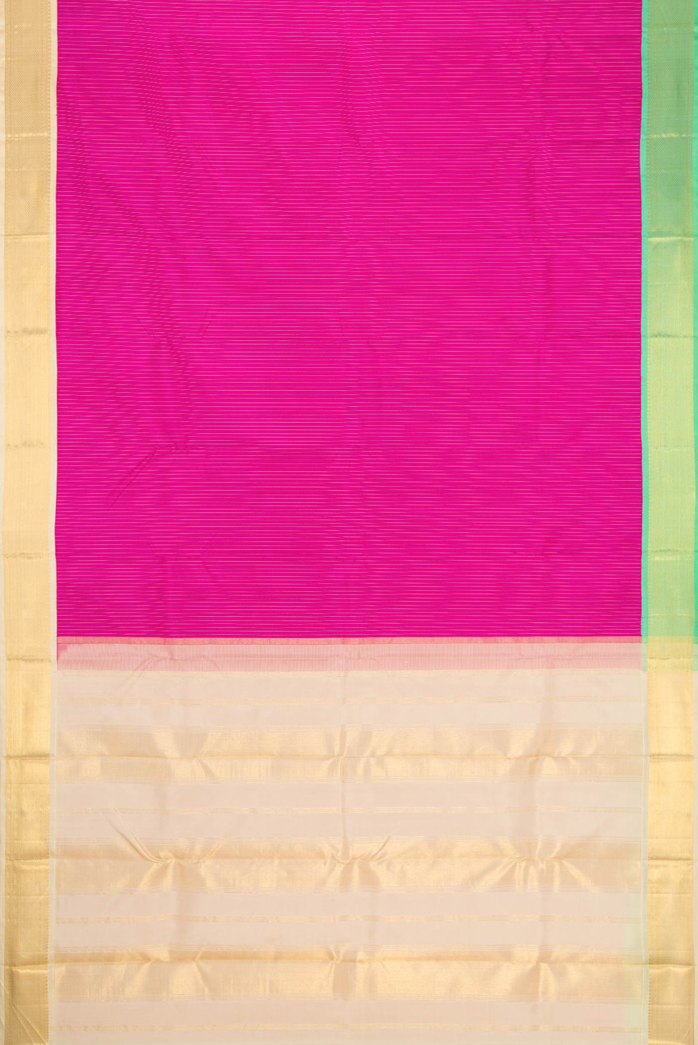 Flat view of Pink Dual Tone Kanjivaram Silk Saree with Stripes on the body and Ganga Jamuna Border. 