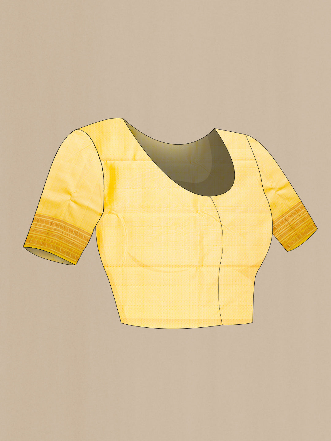 Close up image of the blouse of Gold Dual Tone Kanjivaram Silk Saree with Jacquard design on the body and Thread Border. 