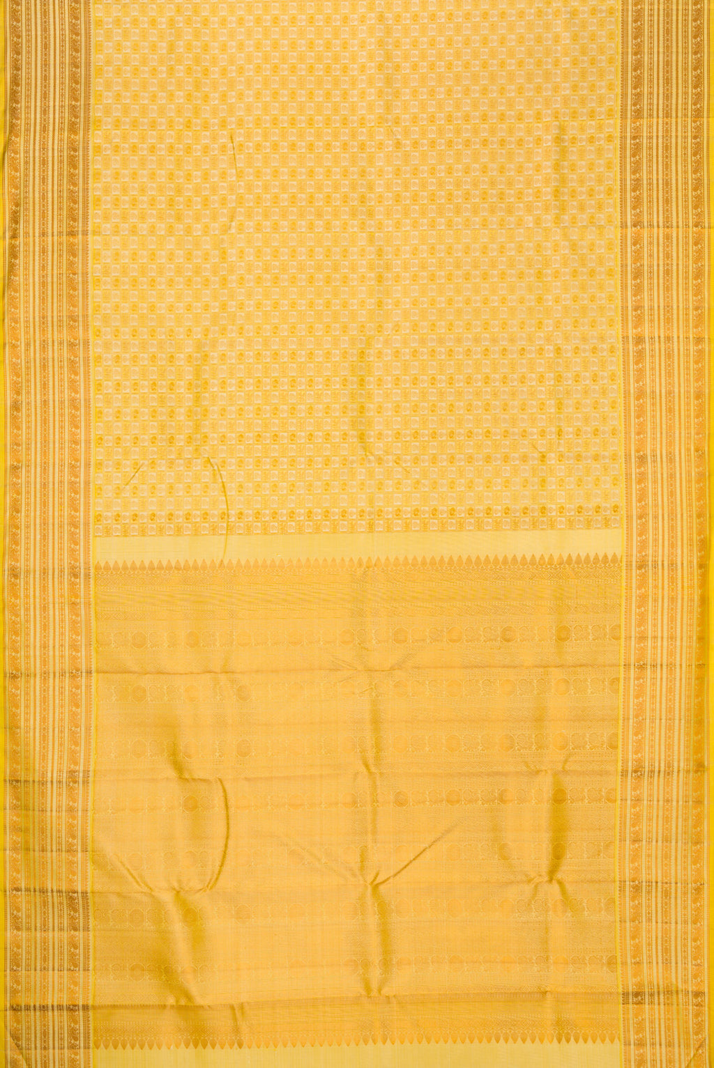 Flat view of Gold Dual Tone Kanjivaram Silk Saree with Jacquard design on the body and Thread Border. 