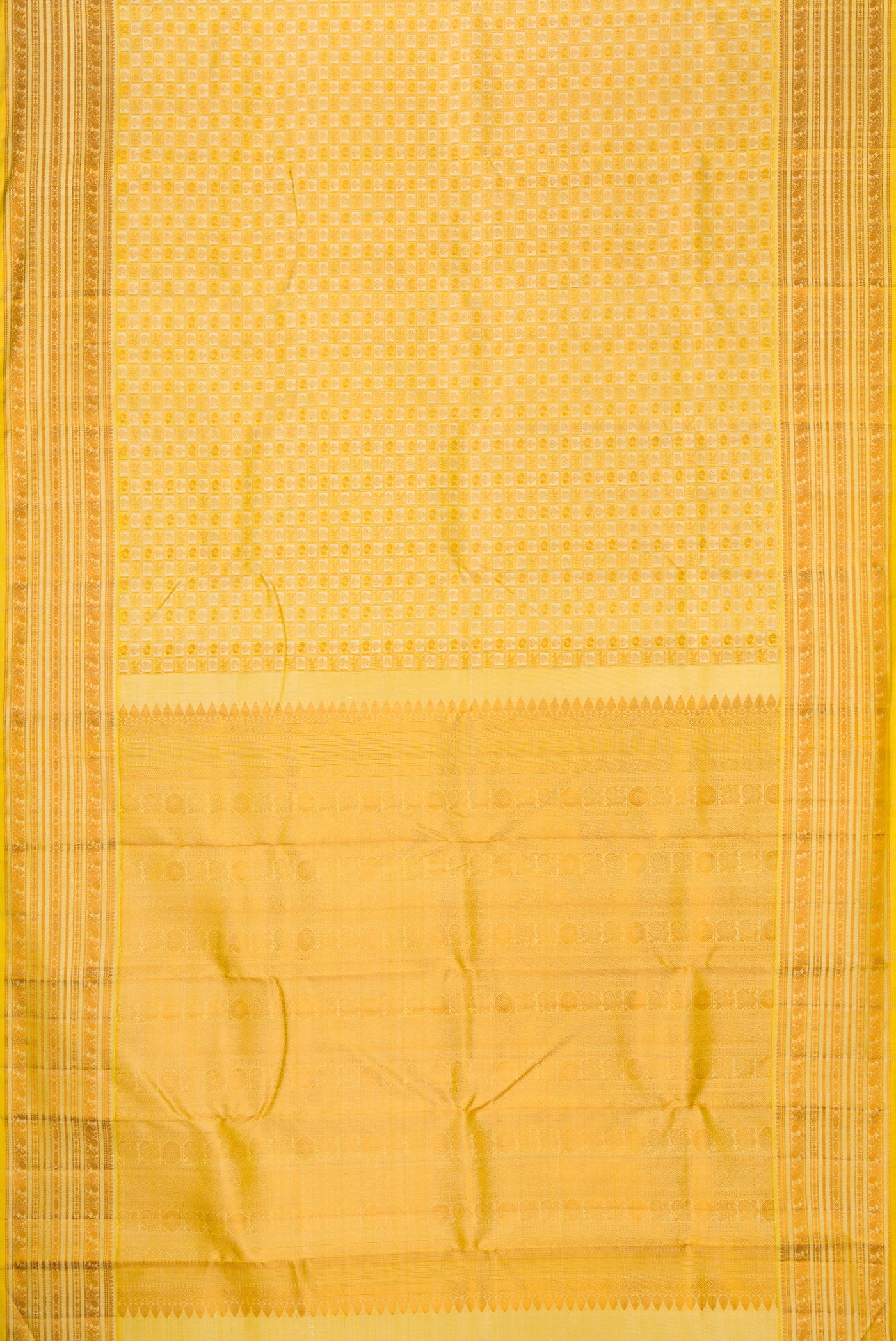 Flat view of Gold Dual Tone Kanjivaram Silk Saree with Jacquard design on the body and Thread Border. 