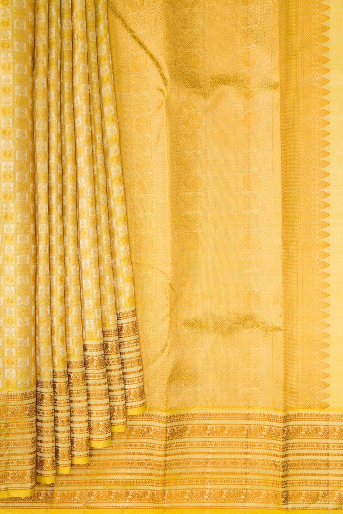 Pleats and pallu of Gold Dual Tone Kanjivaram Silk Saree with Jacquard design on the body and Thread Border. 