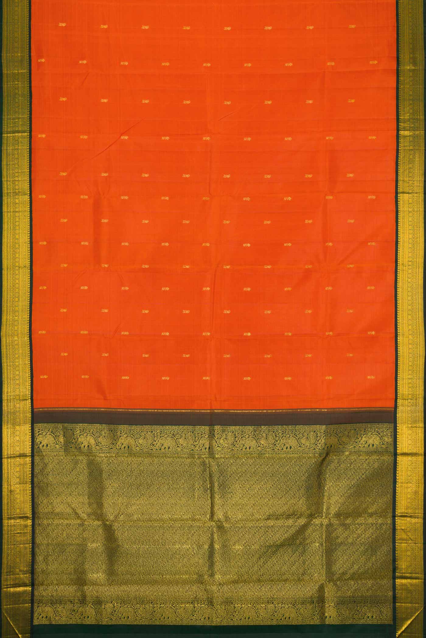 Flat view of Orange Dual Tone Kanjivaram Silk Saree with Zari Butta on the body and Zari Border. 