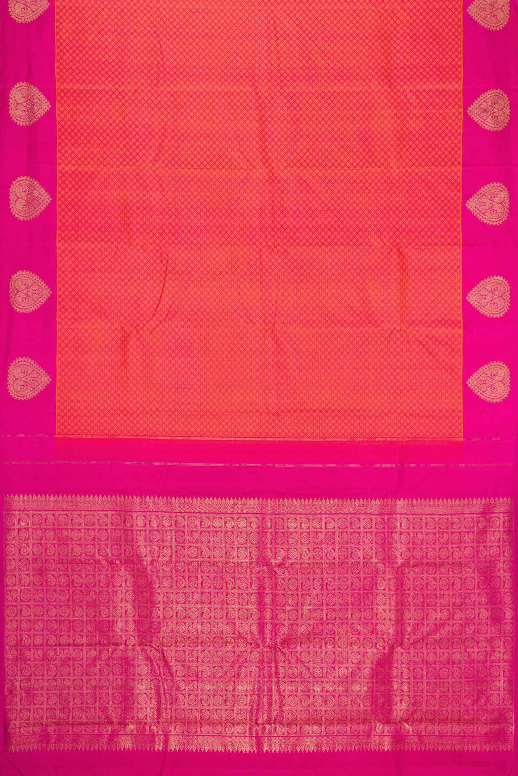Flat view of Orange Dual Tone Kanjivaram Silk Saree with Jacquard design on the body and Fancy Border. 
