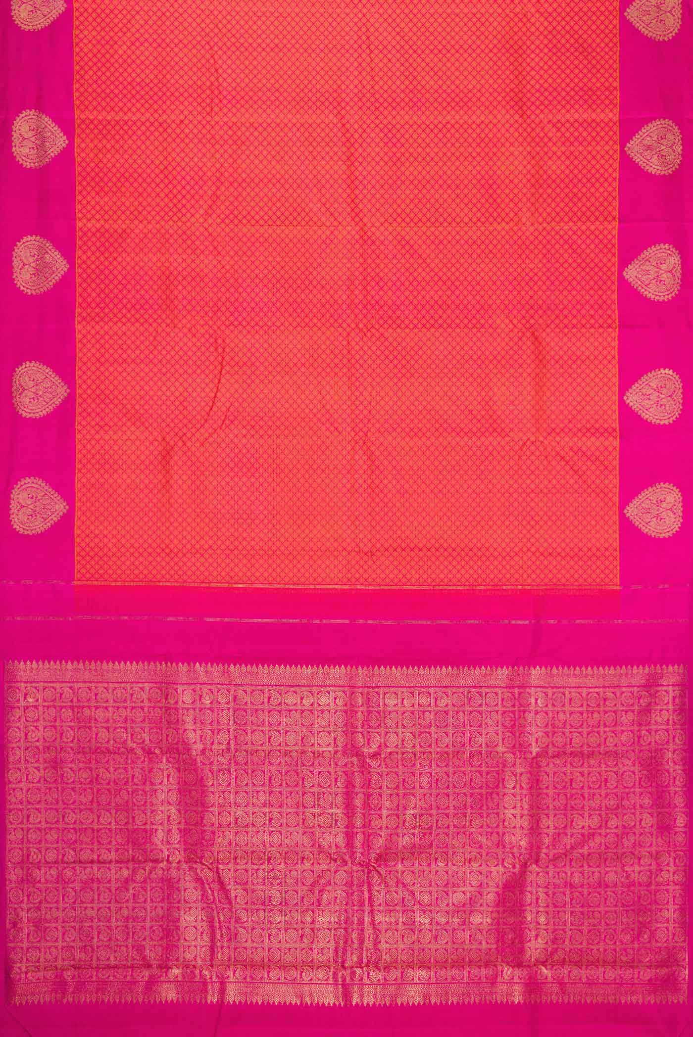 Flat view of Orange Dual Tone Kanjivaram Silk Saree with Jacquard design on the body and Fancy Border. 