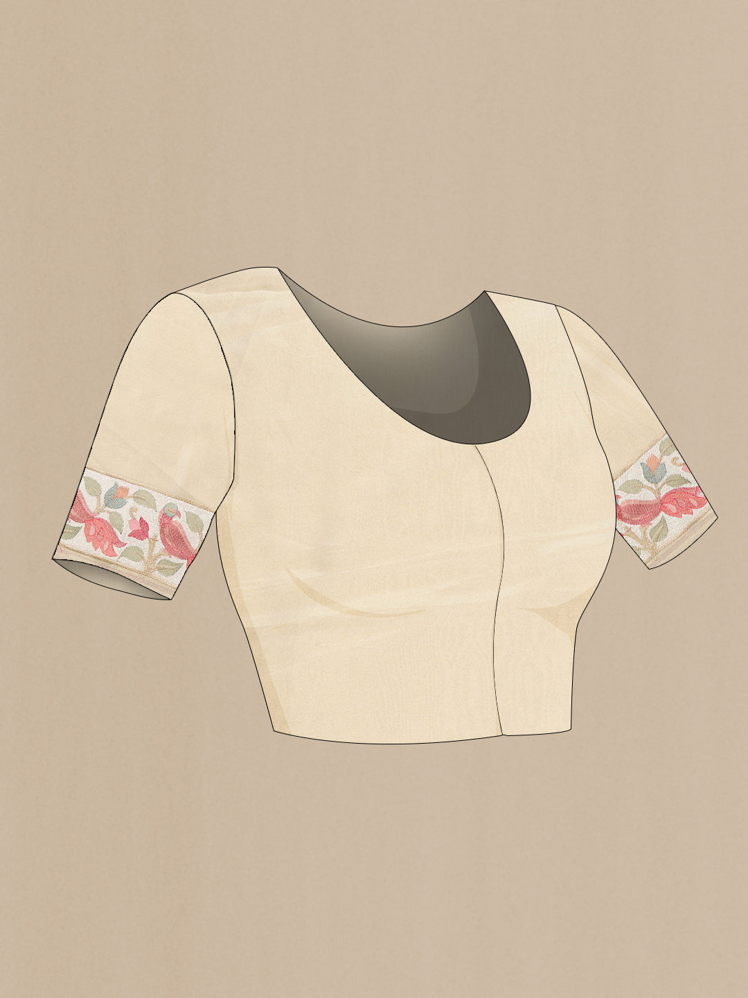 Close up image of the blouse of Beige Dual Tone Mysore Georgette Saree with Plain Body and Embroidery Border. 