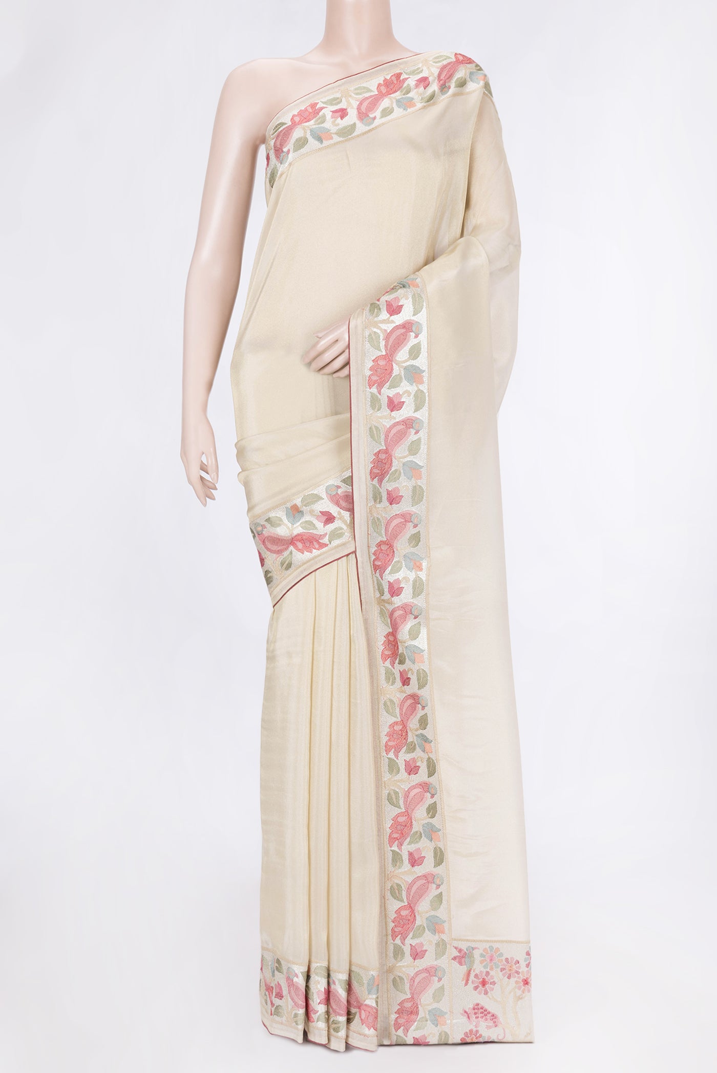 Beige Dual Tone Mysore Georgette Saree with Plain Body and Embroidery Border.  displayed on a mannequin