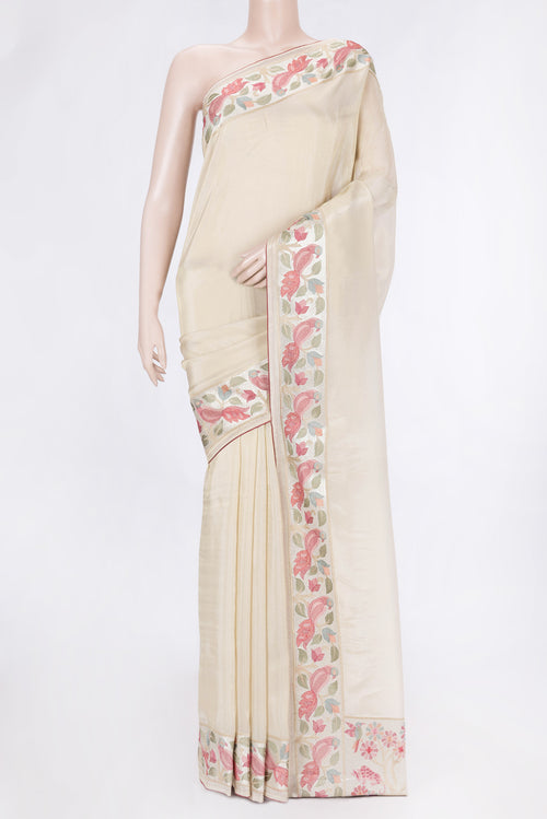 Beige Dual Tone Mysore Georgette Saree with Plain Body and Embroidery Border.  displayed on a mannequin