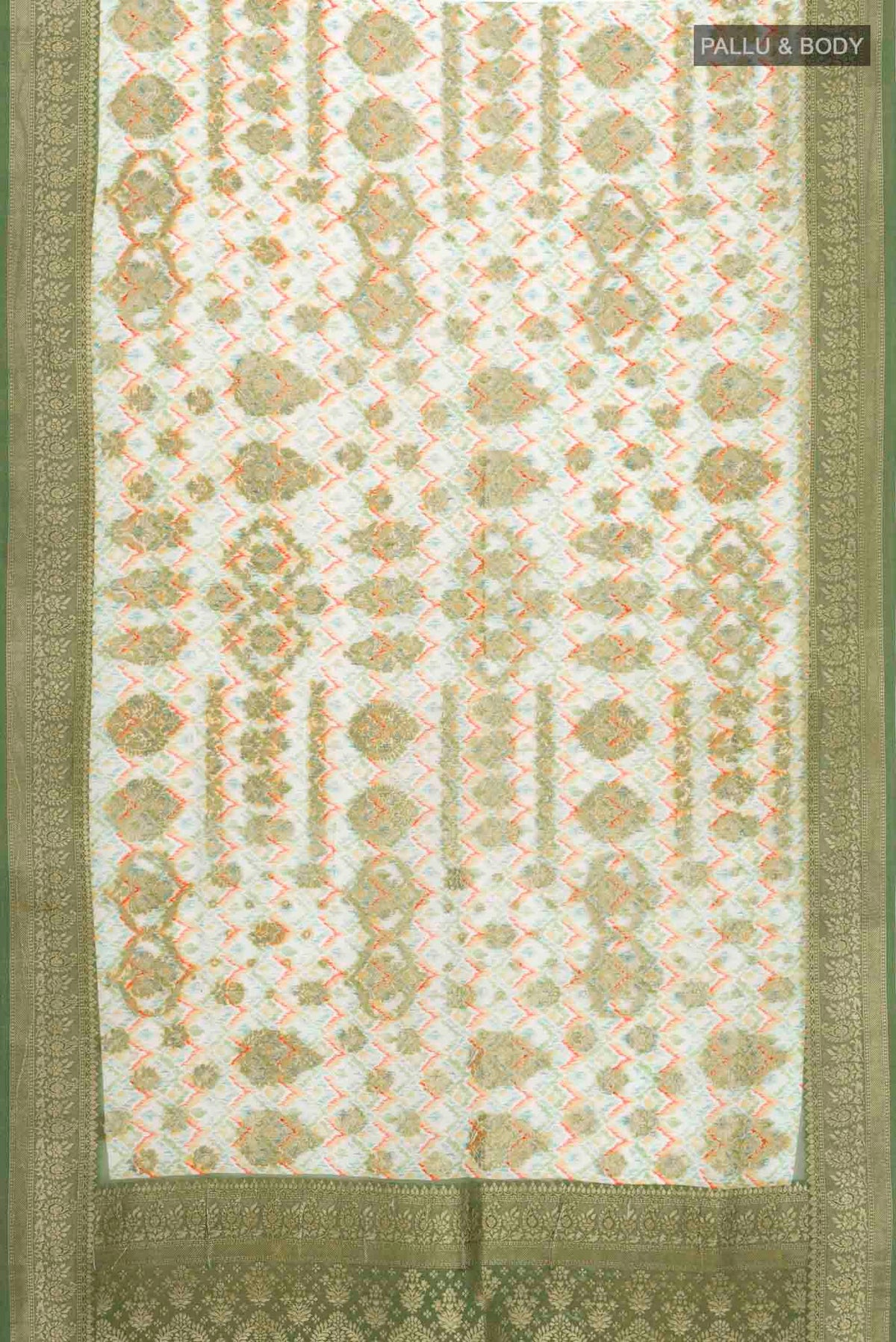 Flat view of Off White Banarasi Georgette Saree with Printed design on the body and Zari Border