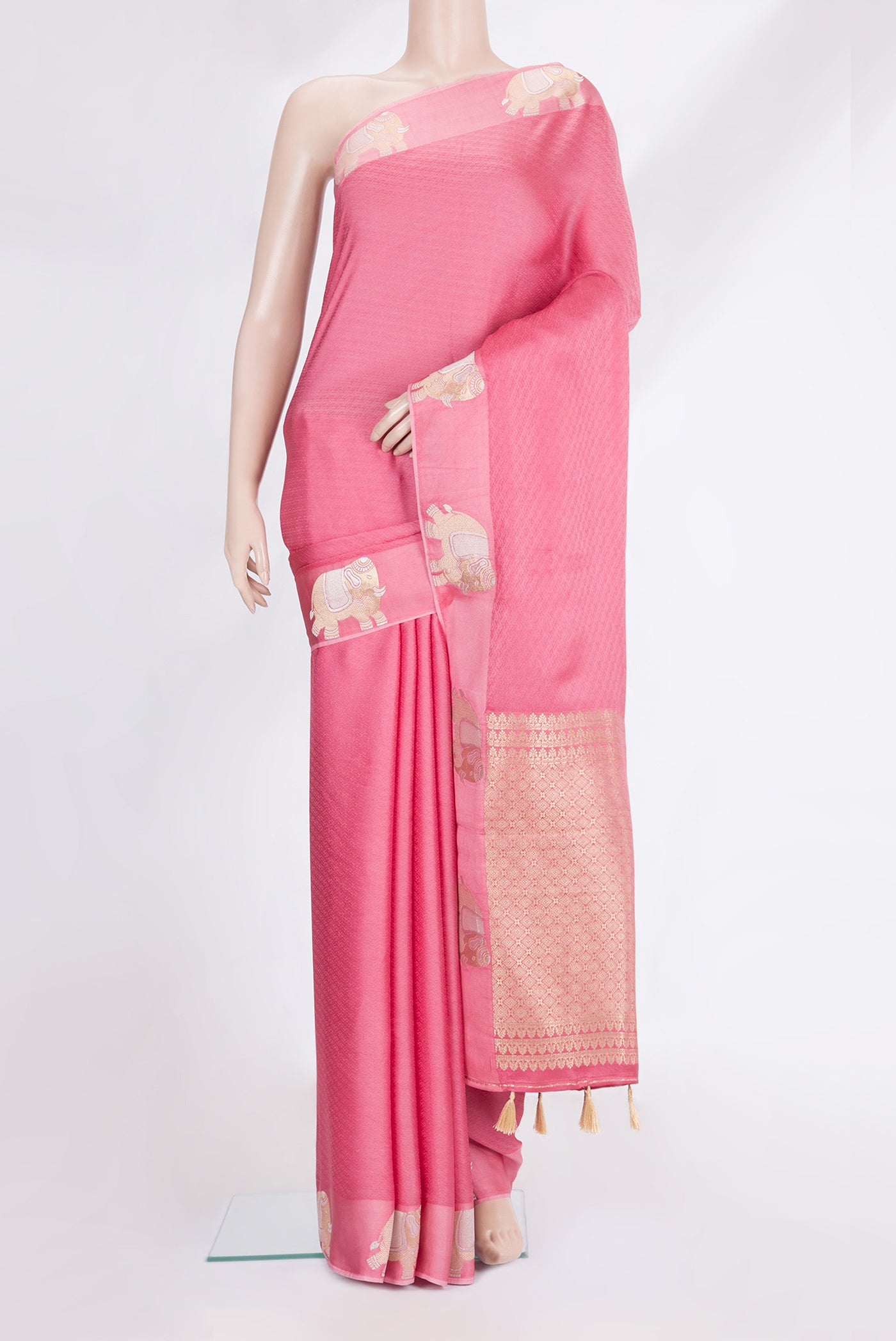 Pink Blended Banarasi Silk Saree with Jacquard design on the body and Fancy Border.  displayed on a mannequin
