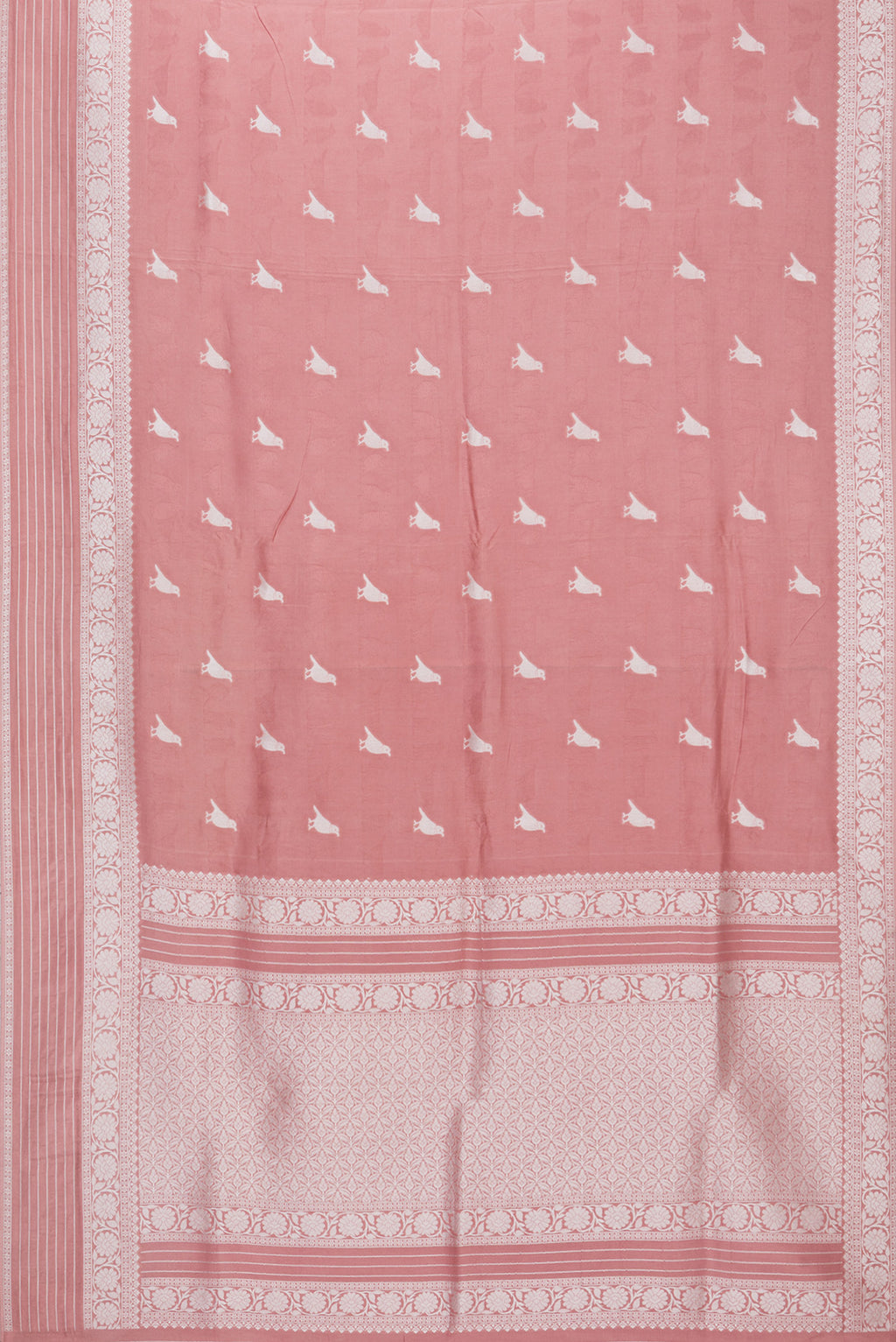Flat view of Rose Gold Blended Banarasi Silk Saree with Zari Butta on the body and Fancy Border. 