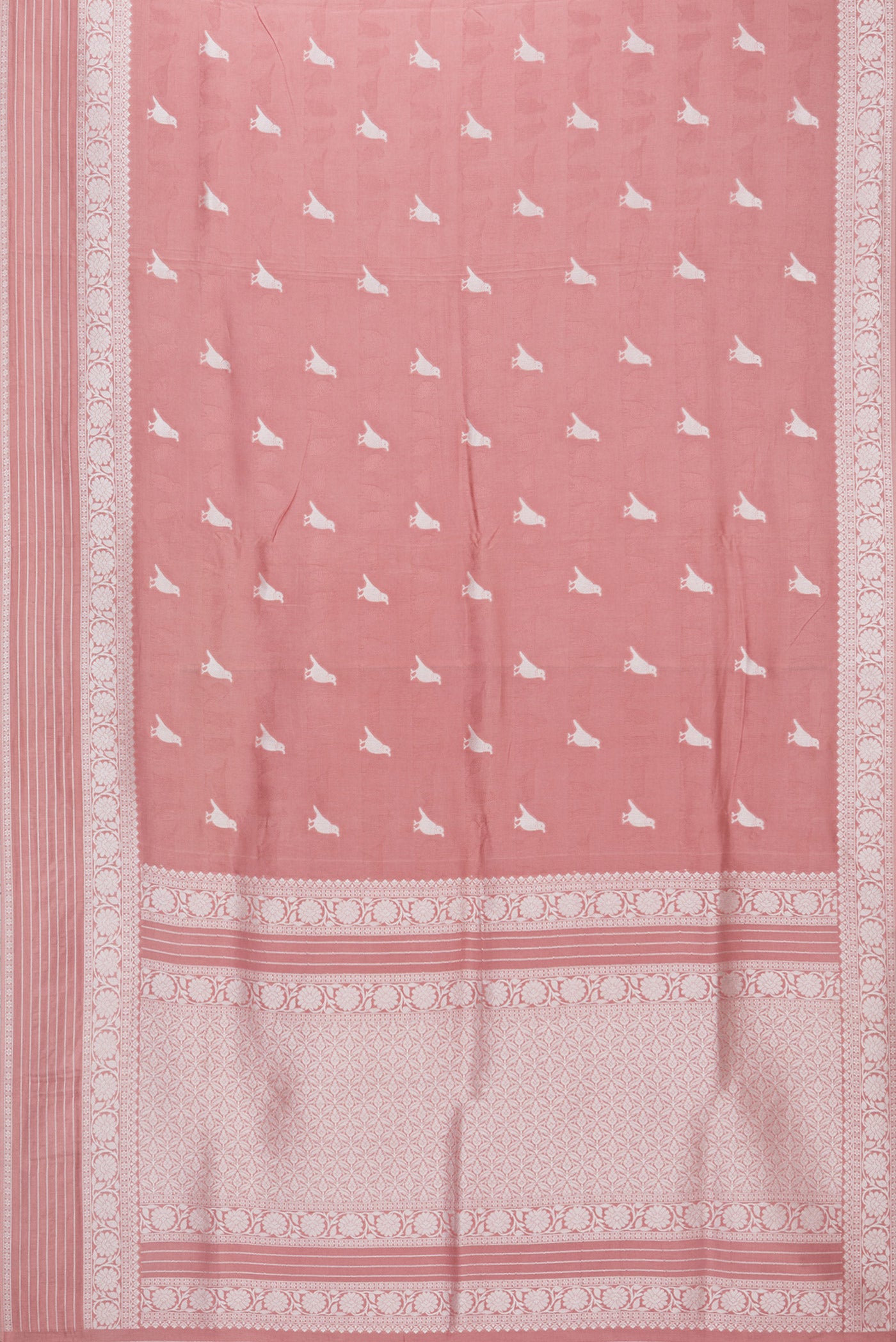 Flat view of Rose Gold Blended Banarasi Silk Saree with Zari Butta on the body and Fancy Border. 
